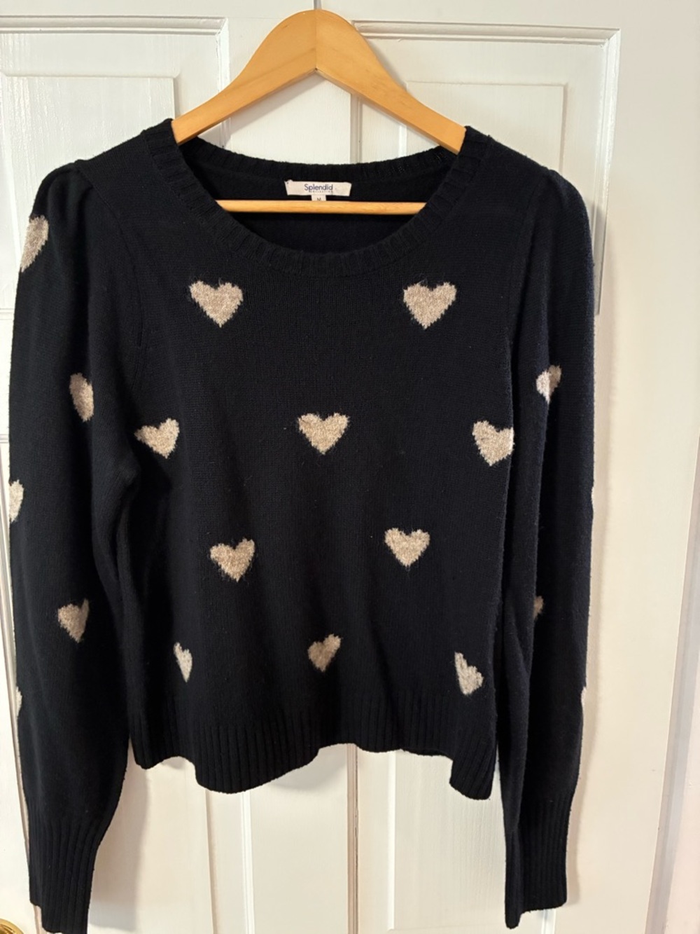 Splendid Black Crewneck Sweater with Cream Heart Motif